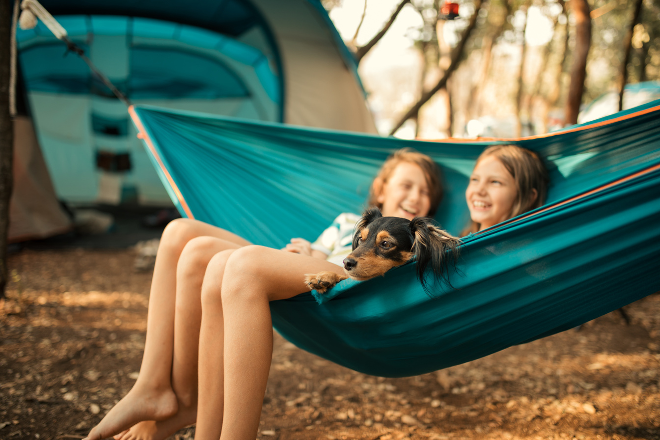 Children relaxing in hammock with dog